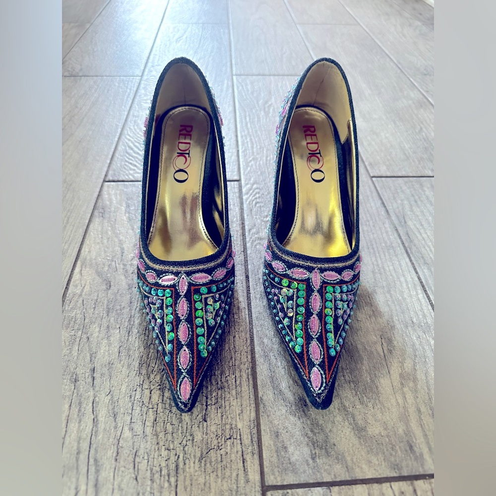 Denim Embellished Pointed Toe Heels